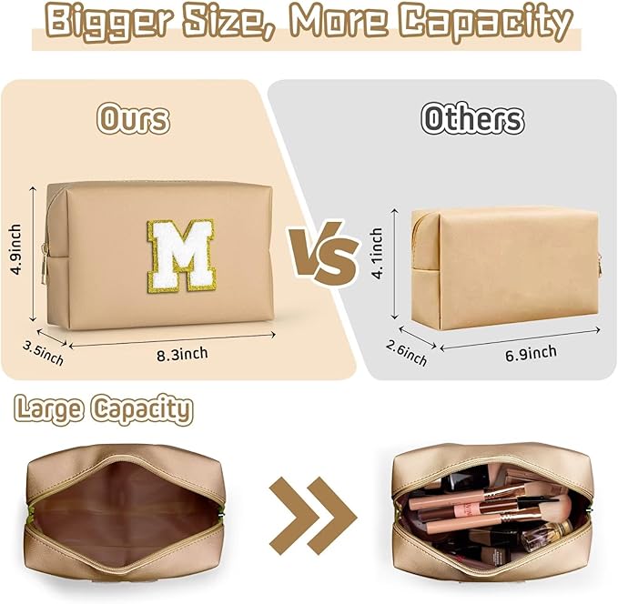 TOPEAST Monogrammed Gifts for Women, Preppy Makeup Bag Small Cosmetic Bag Travel Toiletry Bag, Personalized Birthday Gift for Girl, Wedding Bridal Shower Gifts for Bridesmaids (Khaki M)