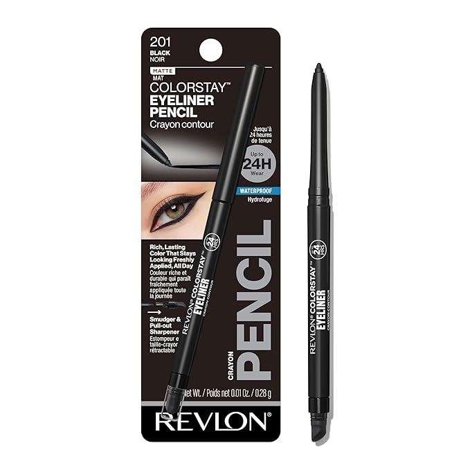 REVLON ColorStay Pencil Waterproof Eyeliner, Smudge-Proof, Eye Makeup with Built-In Sharpener, Long-Lasting, Matte Finish, 201 Black, 0.01 oz