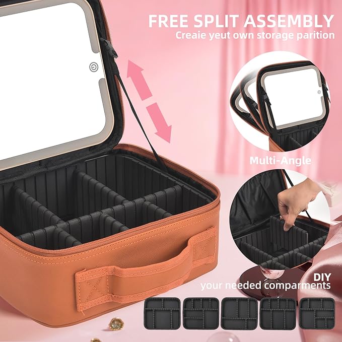 Yaliang Travel Makeup Bag, Portable Makeup Case with LED Mirror, Removable Mirror with 3 Color Modes, 8 Adjustable EVA Dividers for Brushes Toiletry Jewelry Digital Accessories, Tangerine