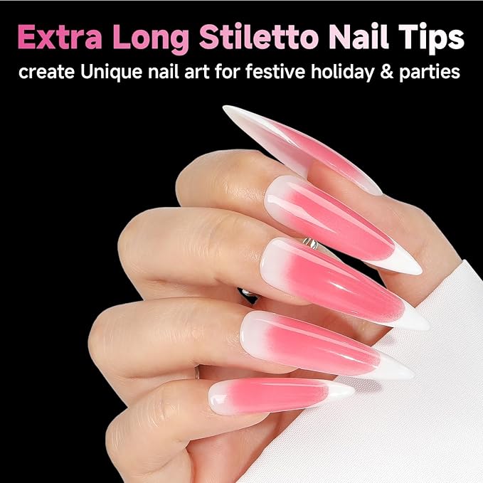 UNA GELLA XXL Stiletto Nail Tips, 312pcs Pre-shape Extra Long Stiletto Nails Tips Pre Etched Full Cover No Need File Clear Fake Nails for Party DIY Christmas Art Salon 12 Sizes