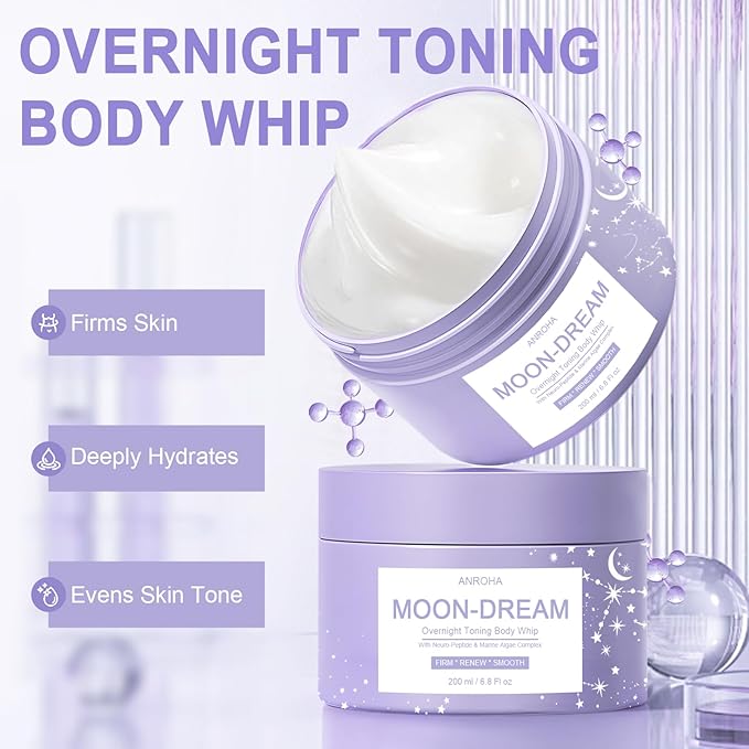 Anroha Moon Dream Overnight Toning Whip - Help Get Dreamy, Firming and Smoother-Looking Skin on Neck, Arms, Thighs - Advanced Nightly Body Lotion with Peptides & Antioxidants - 6.8 Fl Oz