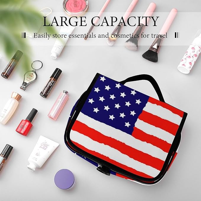CWECVWE Travel Toiletry Bag, Portable Makeup Bag with Hanging Hook, Hanging Organizer for Women Men Shampoo, Conditioner, Brushes Set, Red Blue White American Flag