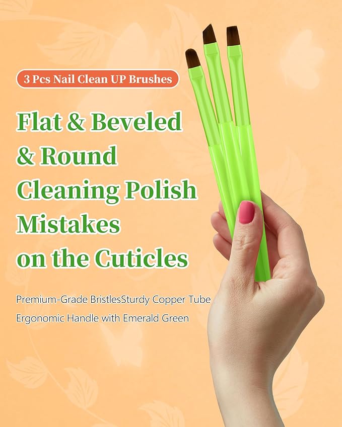 AMilHiTon 3PCS Nail Polish Clean Up Brush, Round/Flat/Angled, Bright Green