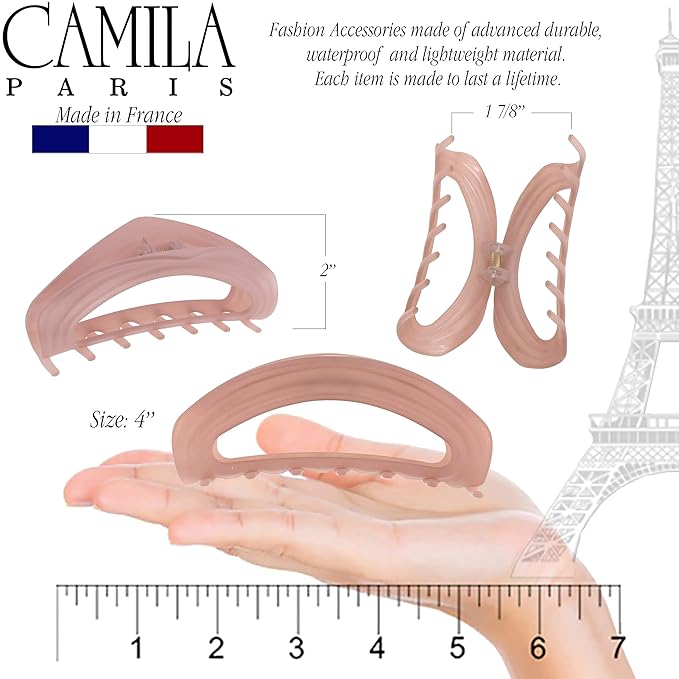 Camila Paris CP3529 French Hair Clips for Women, 4" Pink, Large Claw Clip Strong Hold All Day, No Damage No Slip Claw Clips for Thick Curly Wavy Fine Straight Hair, Jaw Clip Made in France