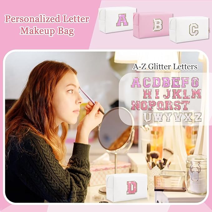 Glitter Initial Letter Makeup Bag, Small Personalized Sequins Letters PU Leather Cosmetic Bag Portable Waterproof Makeup Zipper Pouch, Shine Handbag Organizer Travel Bag Gifts for Women&Girls(White-D)