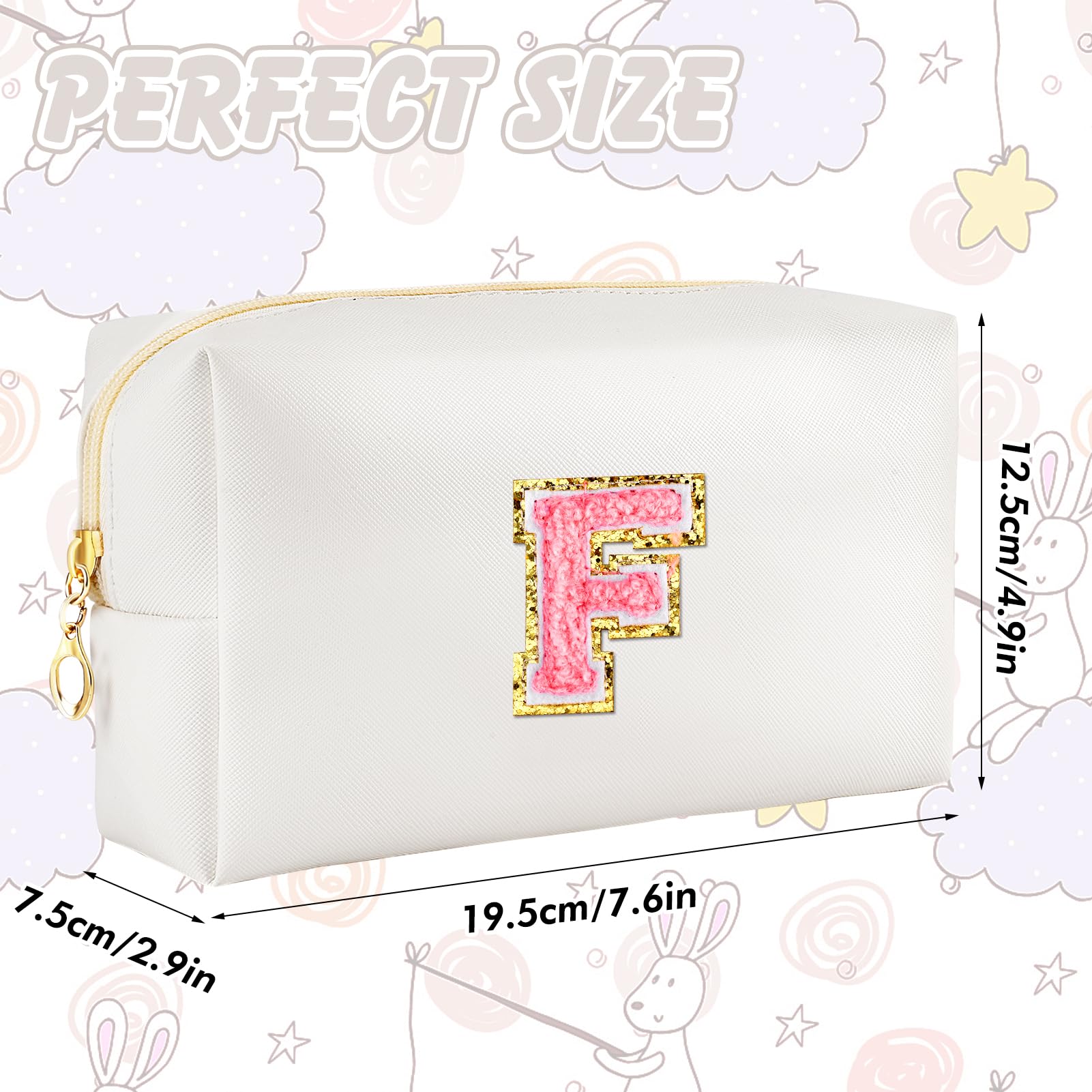 URSKYTOUS Initial Makeup Bag Personalized Preppy Travel Small Cosmetic Bag Cute PU White Chenille Letter Makeup Pouch for Purse Waterproof Zippered Toiletry Organizer for Women Girls Kids Friends (F)