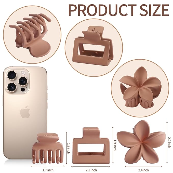 Hair Clips for Women 9 Pack Medium Claw Clips, No Slip Strong Hold Hair Clips for Thick & Thin Hair, Flower Square Aesthetic Styles for Everyday Styling, Trendy Hair Accessories (Brown)