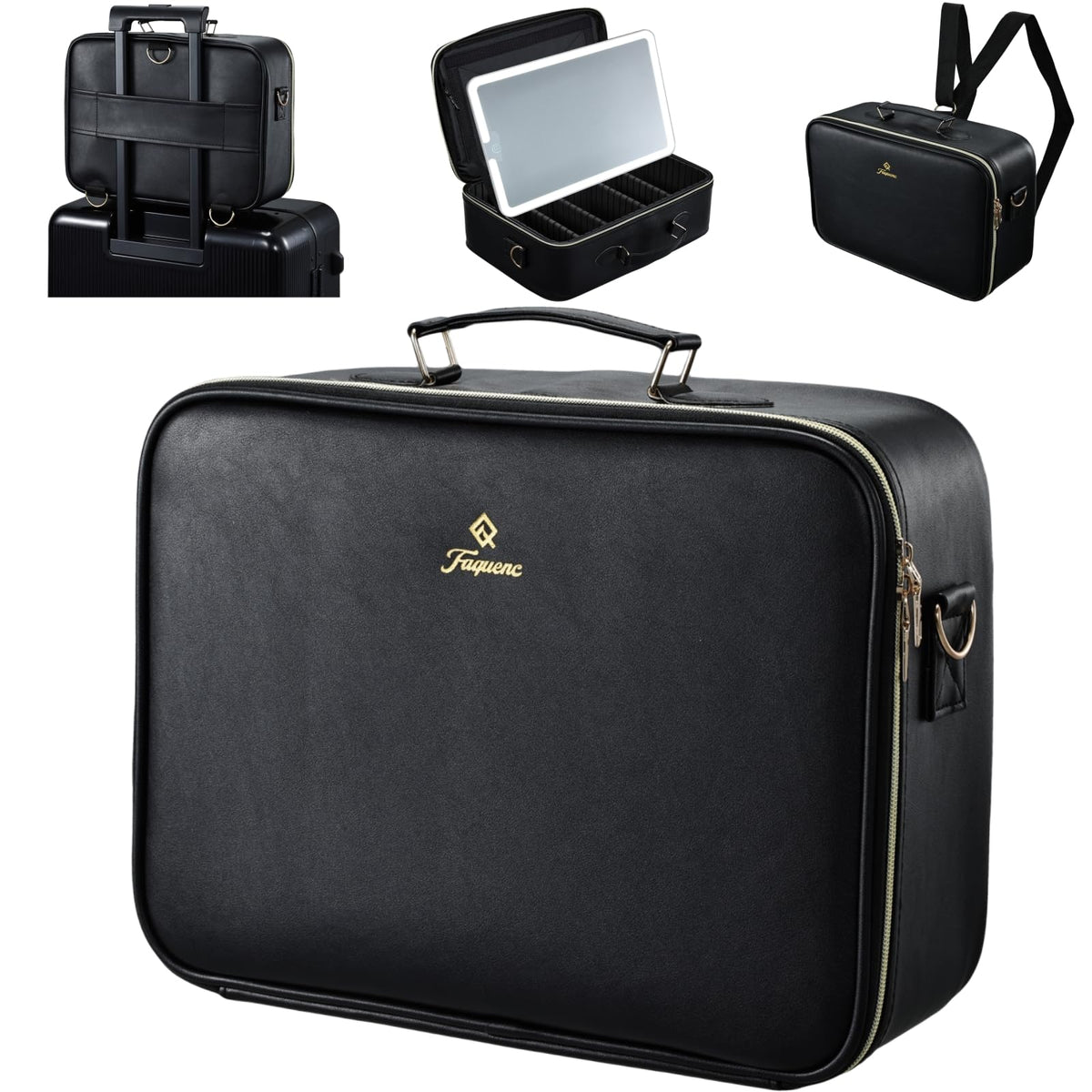 Faquenc Large Makeup Bag with LED Mirror,15”Cosmetic Train Case for Makeup Artists,Travel Makeup Organizer Case w Divider Rechargeable Vanity Mirror with 3 Color Lights for Barber,MUA,Nail Tech, Black