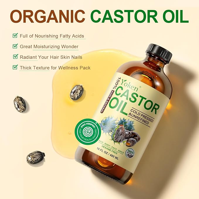 Yoken EWG Organic Castor Oil 16oz Cold Pressed Hexane Free for Hair Skin