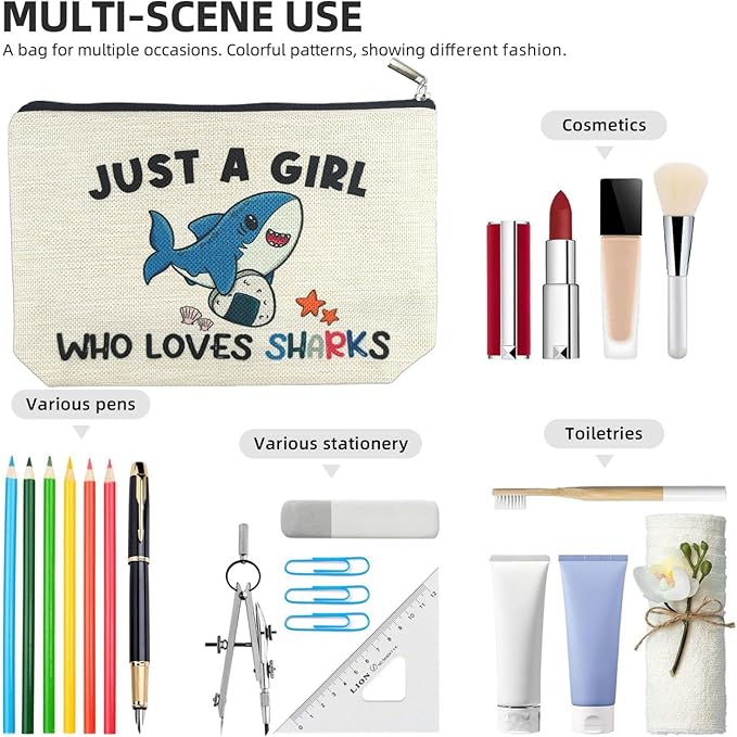 Suemetic Shark Gifts for Women Makeup Bag, Cute Shark Themed Gifts for Shark Lovers Girls Kids Accessories, Just A Girl Who Loves Sharks Cosmetic Stuff Pouch, Birthday Christmas Decorations