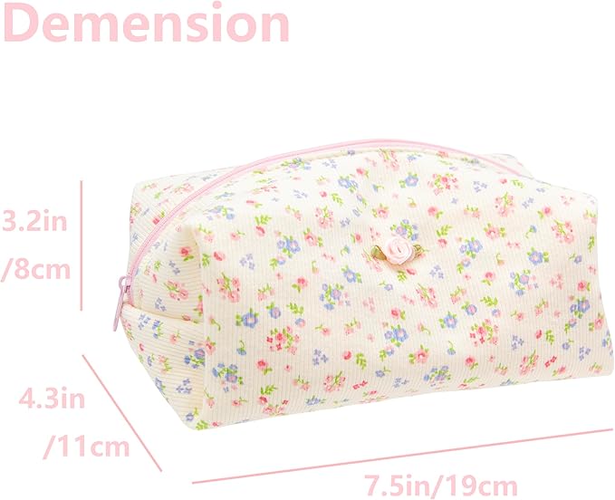 Cozy Makeup Bag for Women,Zipper Cosmetic Pouch,Ribbing Beige Floral