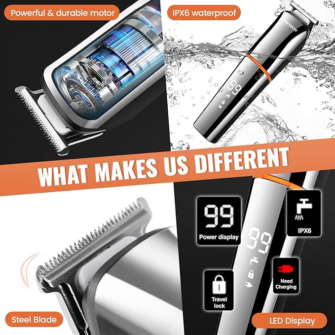 PRITECH Men's Grooming Kit, 6-in-1 Beard Trimmer & Hair Clipper, Cordless
