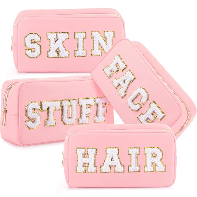Remerry 4 Pcs Nylon Makeup Bags Waterproof Spacious Travel Cosmetic Bag for Women Chenille Letter Preppy Zipper Pouch Face Stuff Skin Hair Organizer Gift(Pink)