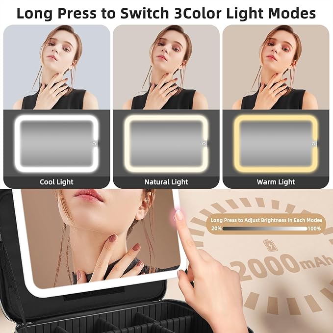 15''X11'' Large Makeup Bag with Removable Lighted Mirror, PU Leather