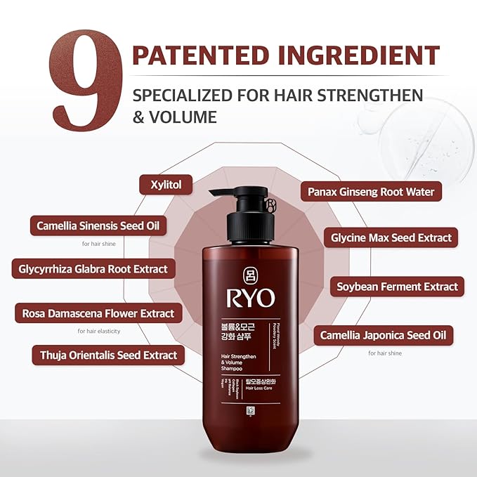 RYO Strengthen & Volume Shampoo - Korean Ginseng & Caffeine Shampoo | Rice Peptide for Volumizing and Revitalizing | Fine Hair | Thickening and Strengthening hair roots | Roots Anchoring, 16 Fl Oz.