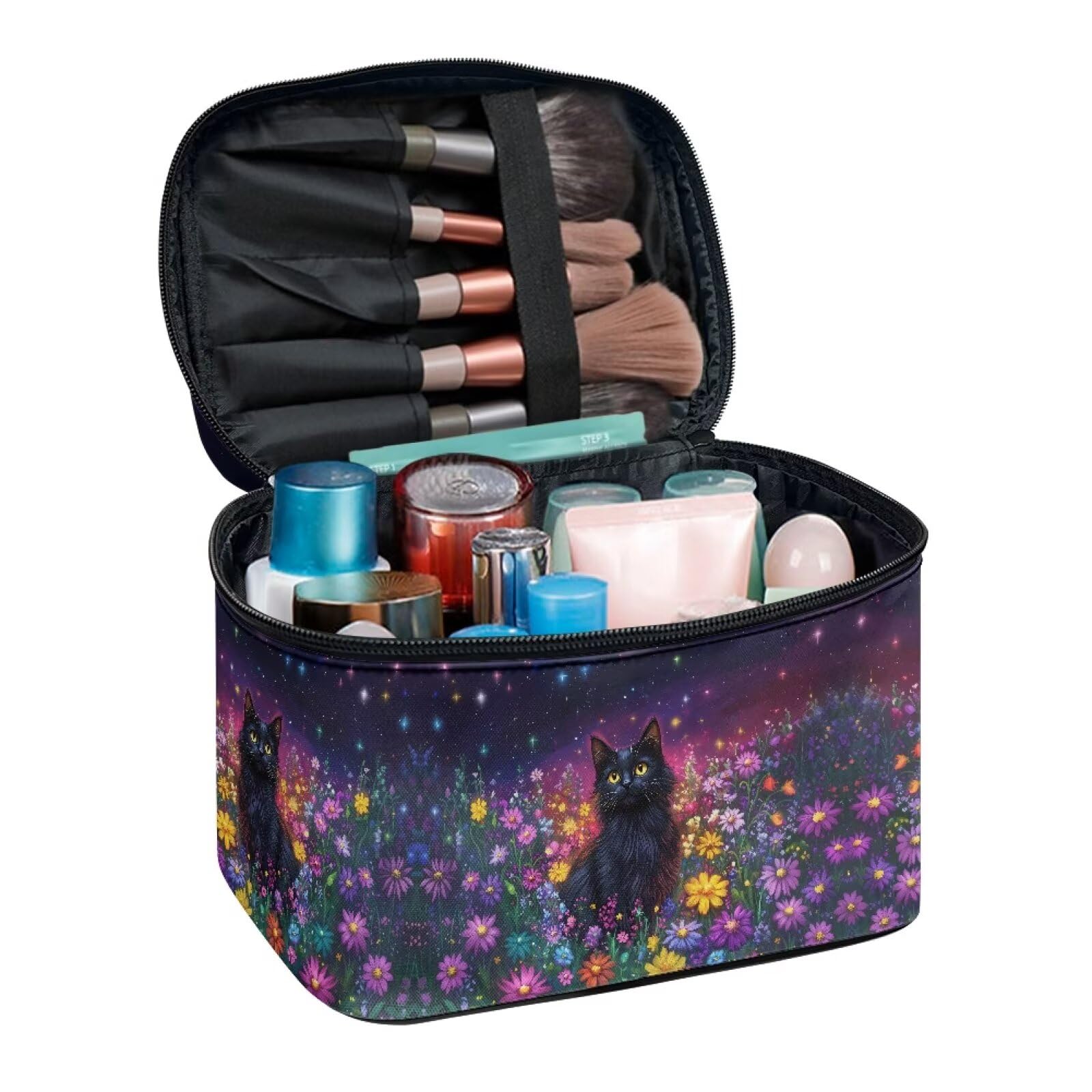 Drydeepin Black Cat Colorful Daisy Flower Print Travel Makeup Bags for Women Portable Tote Cosmetic Case with Carry Handle Toiletry Accessories Storage Organizer Bags