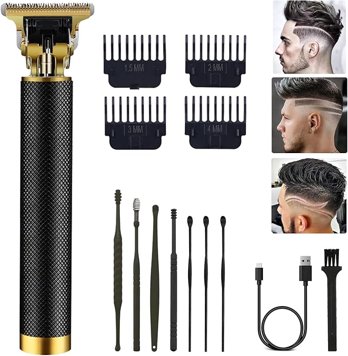 PXLISIE Professional Cordless Hair Clipper and Trimmer for Men, T Blade Zero Gapped Rechargeable Beard Shaver, Hair Cutting Kit With Ear Spoon Tool Set, Black