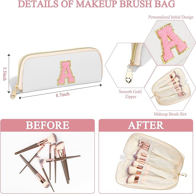 Personalized Initial Makeup Bag Trendy Stuff Leather Waterproof Cosmetic Bag Travel Toiletry Bag, Makeup Organizer Case Mother's Day/Birthday/Graduation Gifts for Women Girls Mom Girlfriend White.