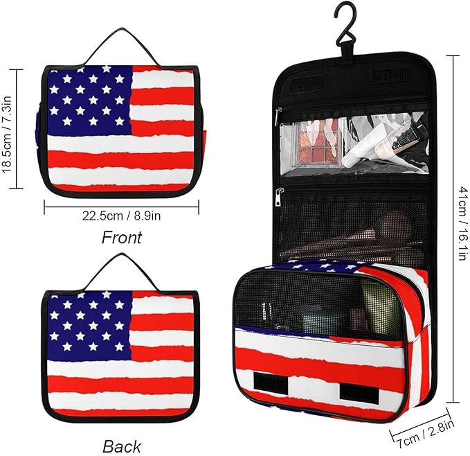 CWECVWE Travel Toiletry Bag, Portable Makeup Bag with Hanging Hook, Hanging Organizer for Women Men Shampoo, Conditioner, Brushes Set, Red Blue White American Flag
