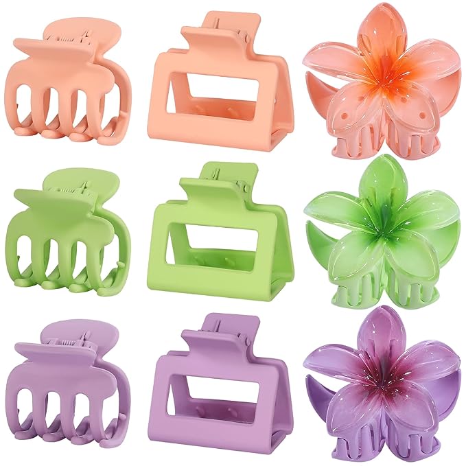 Hair Clips for Women 9 Pack Medium Claw Clips, No Slip Strong Hold Hair Clips for Thick & Thin Hair, Flower Square Aesthetic Styles for Everyday Styling, Trendy Hair Accessories (Purple)