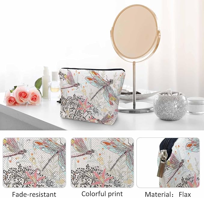 Kalygon Makeup Bag For Purse Dragonfly, Garden Dragonflies Flowers Nature Cosmetic Bags For Women With Zipper Travel Toiletry Pouch Makeup Bags Makeup Organizers Purse For Toiletries Cosmetics