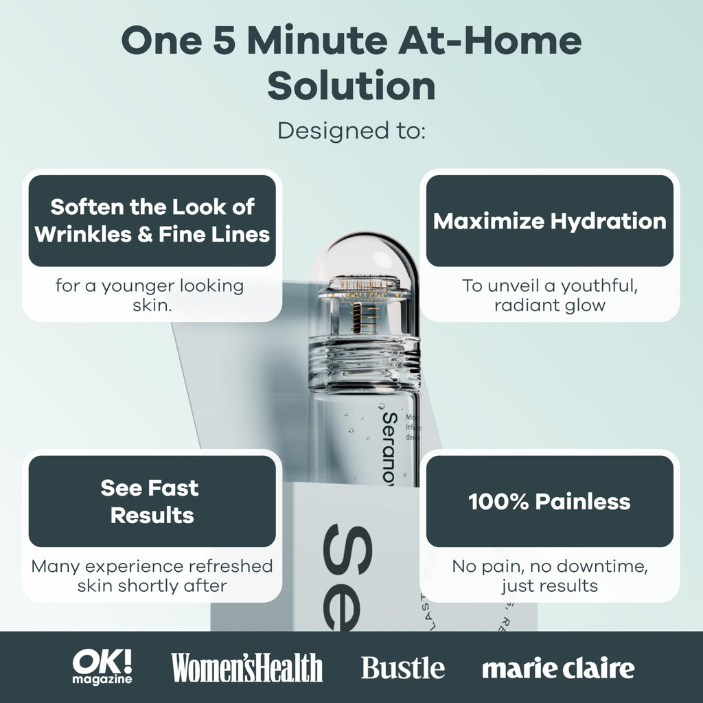 Seranova Micro Infusion System for Face & Neck 0.05mm Stamp with Hyaluronic Acid & Collagen Peptide Serum for Firmer Smoother-Looking Skin, Easy 5-Minute At-Home Skin Care Application - 3 Month Supply
