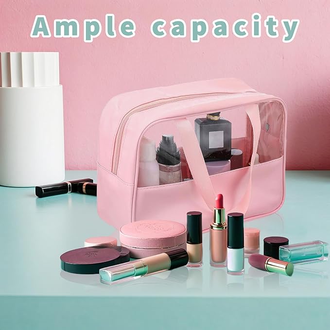 LECEHIVO 12 Pcs Translucent Make up Bag 10.2 x 6.3 x 2.8 Inches Waterproof Toiletry Organizer with Hanging Handles Portable Cosmetic Travel Bag Carry Pouch for Women and Men Travel Storage (Pink)