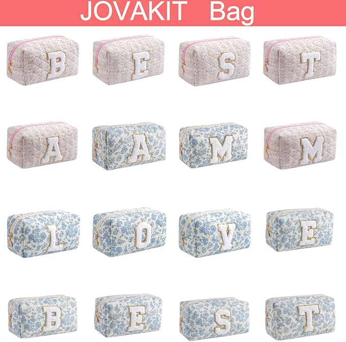 JOVAKIT Alphabet Makeup Bag Cosmetic Bag for Women, Christmas Gifts for Girls Age 6-18, Floral Flowers Coquette Travel Toiletry Zipper Make Up Pouch Organizer Trendy Stuff (Pink Floral J)