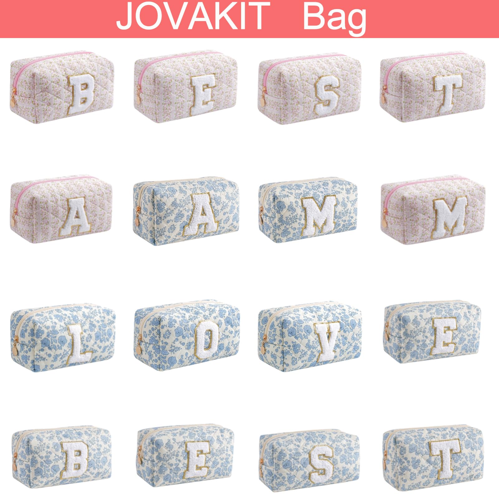 JOVAKIT Alphabet Makeup Bag Cosmetic Bag for Women, Christmas Gifts for Girls Age 6-18, Floral Flowers Coquette Travel Toiletry Zipper Make Up Pouch Organizer Trendy Stuff (Pink Floral G)