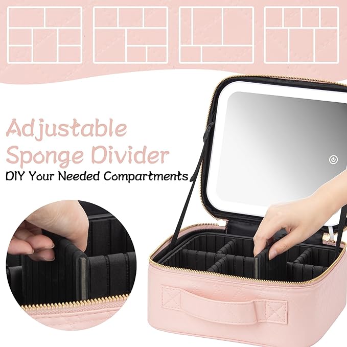 Makeup Travel Train Case with Mirror LED Light Portable Cosmetic Bag