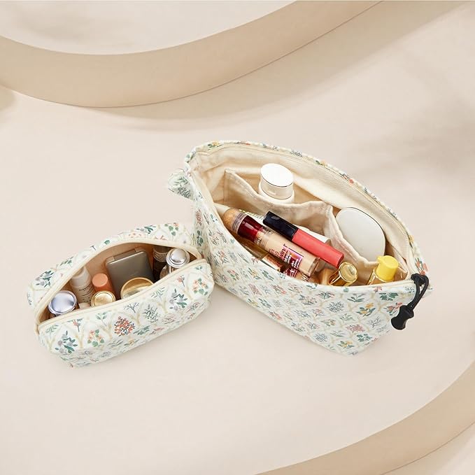ZOEMTIU Makeup bag set small Cosmetic bag for women purse Corduroy Organizer with interior Pockets Pencil zipper Pouch travel Toiletry Bag with handle(Multi-Plants)