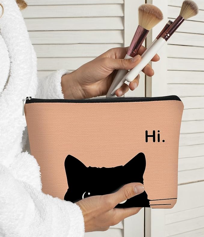 BARPERY Cat Makeup Bag, Cute Makeup Bag, Cat Gifts for Cat Lovers Women, Black Cat Gifts, Hi Black Cat Kitty Cosmetic Bag, Cat Makeup Pouch, Cat Stuff for Cat Lovers (Camel-2)