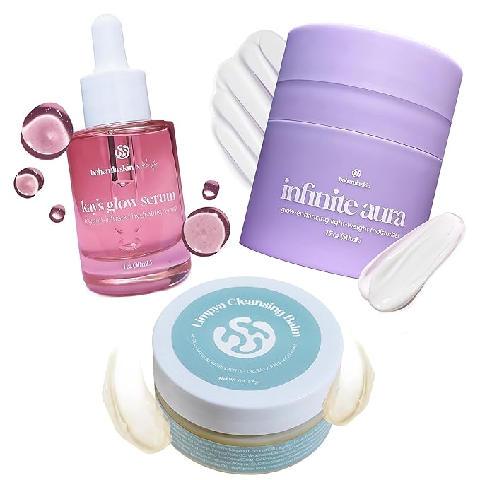 Bohemia Skin Kay’s Glow Serum + Infinite Aura Moisturizer + Boho Cleansing Balm – Oxygen-Infused THDA Vitamin C with Gentle AHA for Face and neck | Hydrates, Soothes and Brightens Bundle