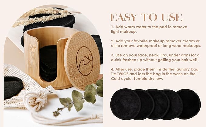 Reusable Makeup Remover Pads with Bamboo Holder – Washable Bamboo Cotton Rounds for Face, Toner & Sensitive Skin – Eco Friendly Zero Waste Skincare Set by EIRA