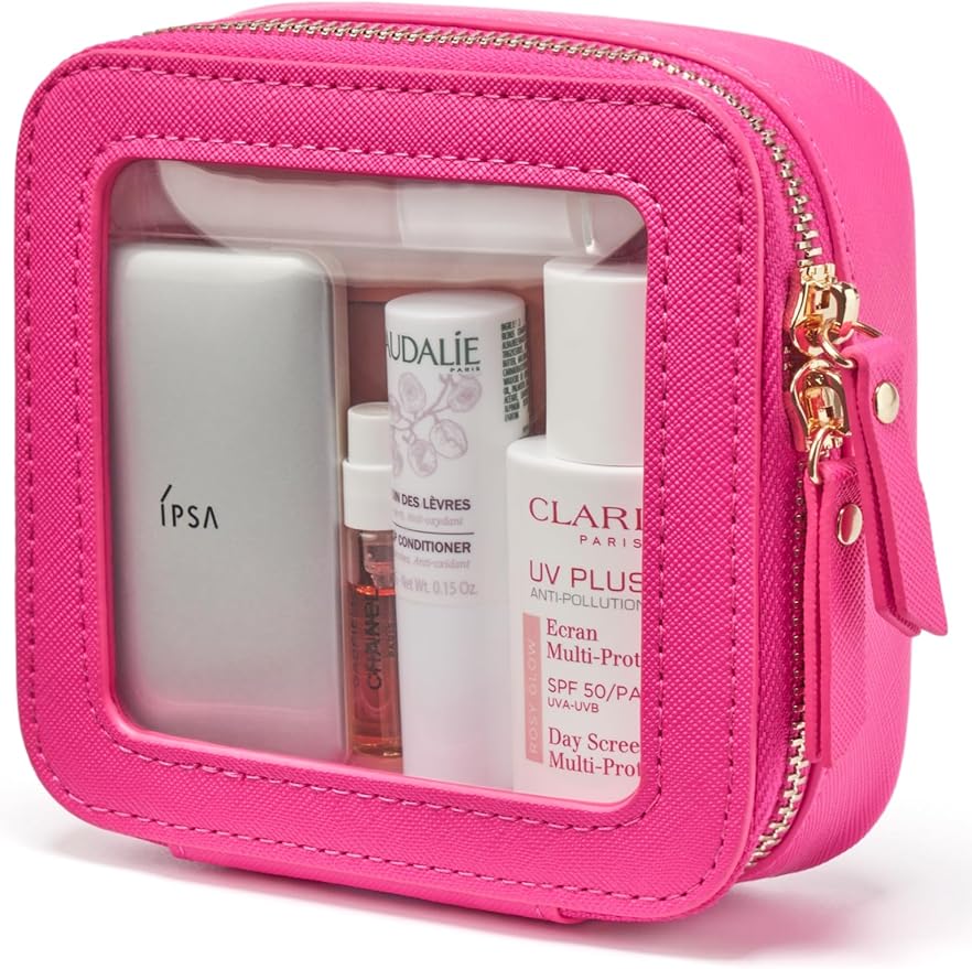 Popvibe Mini Makeup Bag Clear Small Travel Cosmetic Case Leather Cute Hot Pink Pouch for Purse Organizer Make Up Bag for Women Car Toiletry Bag with Zipper for School