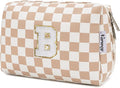 Narwey Birthday Gifts for Women Teen Girls Kids Personalized Initial Checkered Makeup Bag Cute Cosmetic Bag Trendy Stuff 6 8 10 11 12 13 14 16 18 Years Old Travel Toiletry Bag (Brown Letter B)