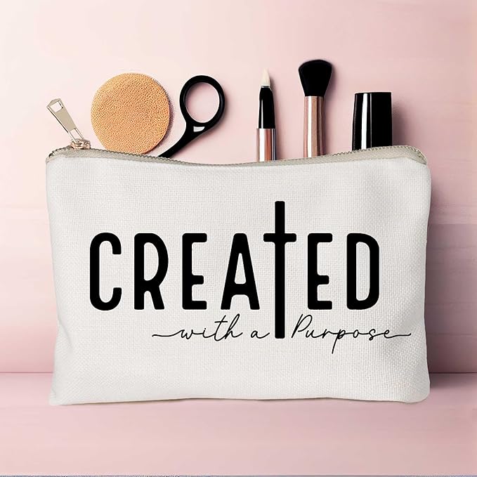 HubbgDesign Created With a Purpose Women Makeup Bag Christian Decor Self Love Gift Toiletry Bag Religious Faith Cosmetic Pouch Linen Cotton Inspirational Multi-Purpose Bag Gift