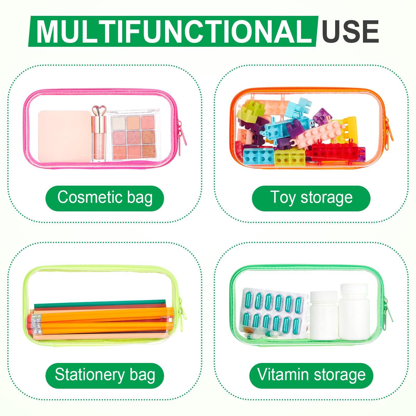 Hoolerry 4 Pcs Hard Clear Zipper Case Makeup Bags Plastic Zipper Pouch Transparent Storage Box Containers for Cosmetics, Snacks, Building Blocks, Puzzles(Clear,7.5 x 3.9 x 2 in,Fluorescent)