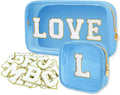 GODEAGLE 2PCS Personalized Preppy Makeup Bag Set, Small Makeup Pouch & Large Cosmetic Bag, Premium 26 Chenille Letters, Cute Skincare Bag, Birthday Gifts for Girls Woman (Blue)