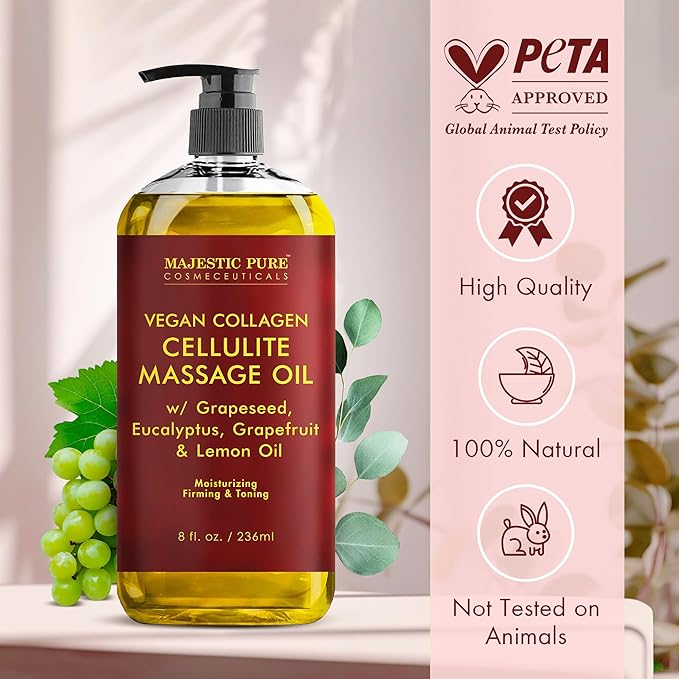 Majestic Pure Firming Body Massage Oil- Helps Smooth the Appearance of Cellulite & Improve Skin Texture- Natural Oils with Collagen- Refreshing Aromatherapy Body Oil for Legs & Full Body - 8 fl oz