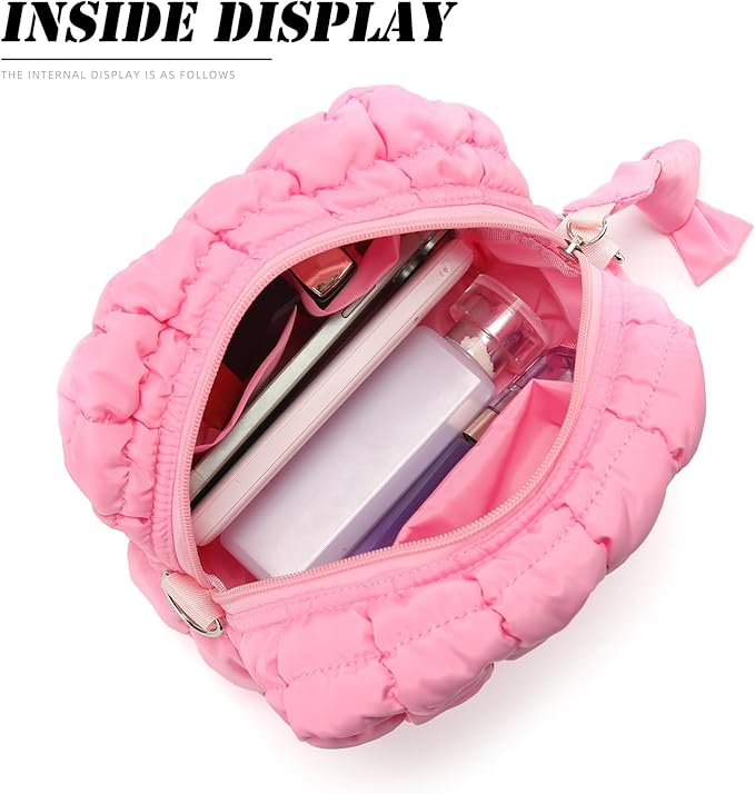 Puffy Quilted Makeup Bag Small Puffer Bag Cosmetic Bags Travel Toiletry Purse for Women, Cute Organizer Pouch, Pink