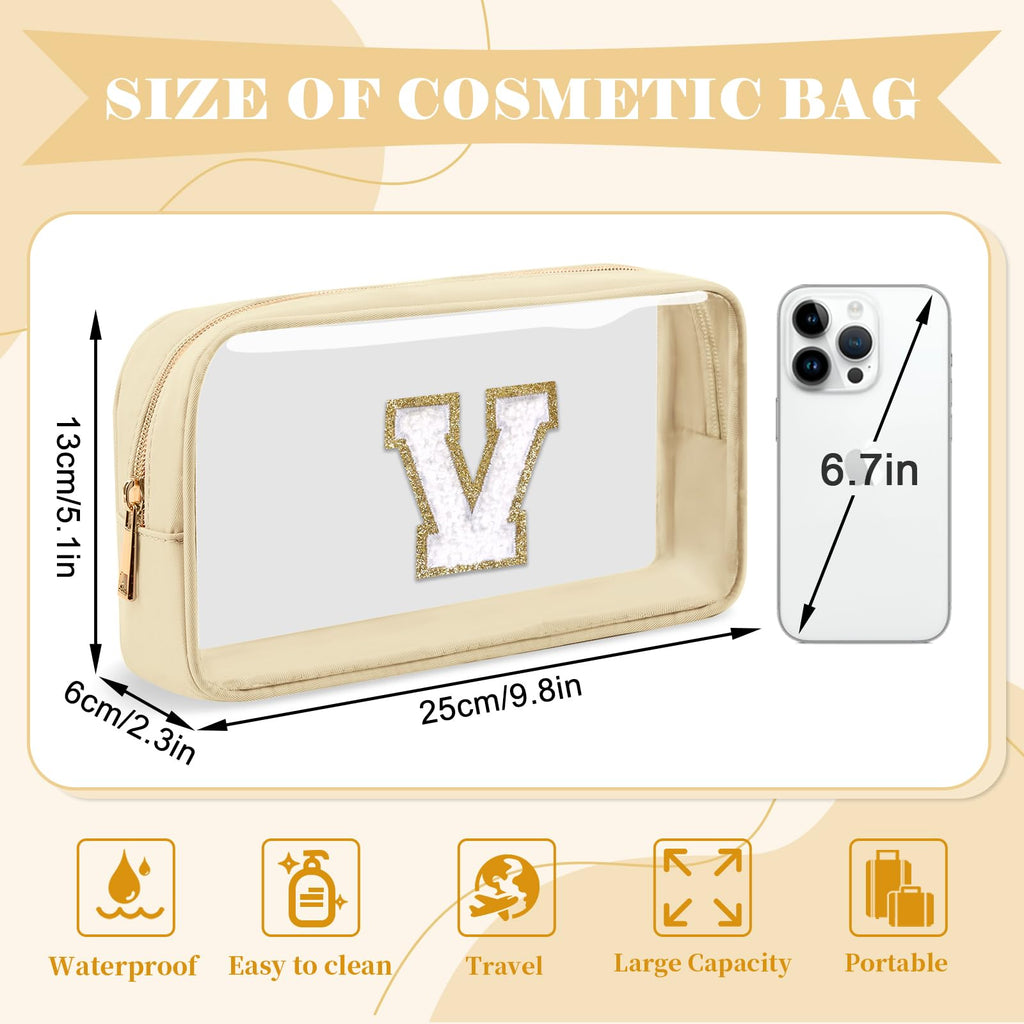 Personalized Initial Letter Clear Makeup Bag,Preppy Small Nylon&PVC Cosmetic Zipper Bag with Chenille Letter,Portable Beach Travel Skincare Toiletry Bag,Trendy Monogram Gift for Teen Girls Women,V
