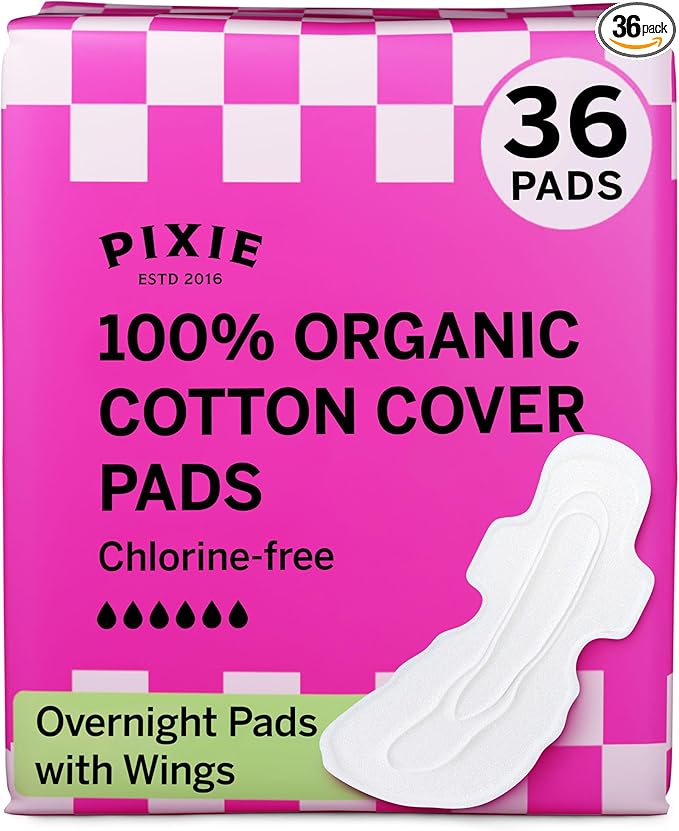 Pixie Organic Pads Cotton Ultra Thin Overnight for Women - Extra Heavy Absorbency with Wings - Leak-Proof, Hypoallergenic & Unscented - Compostable, Biodegradable - FSA Eligible - 36 Count