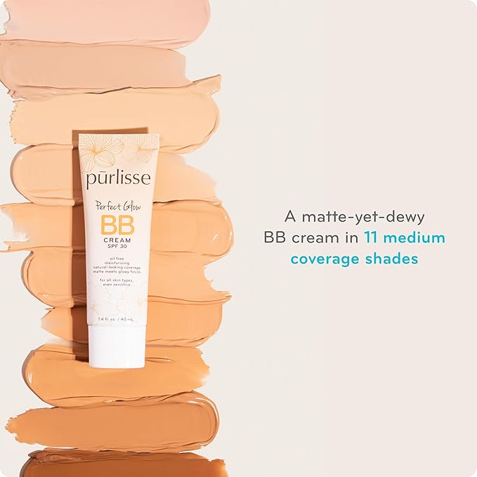 pūrlisse Perfect Glow BB Cream SPF 30 - Luminous Matte Tinted Moisturizer with SPF - Korean Skin Care Formula with Goji & Hawthorn Berry to Hydrate, Brighten & Even Skin - Medium Tan (1.4 oz)