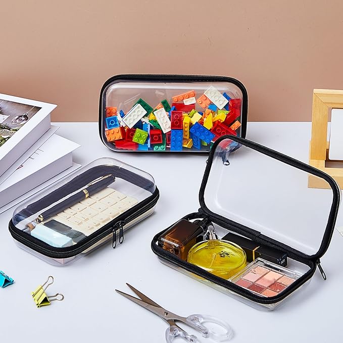 Hoolerry 3 Pcs Clear Hard Zipper Case Hard Plastic Zipper Pouch Makeup Bag Portable Travel Organizer for Cosmetics, Office Supplies, Documents & Toiletries(Black,S)