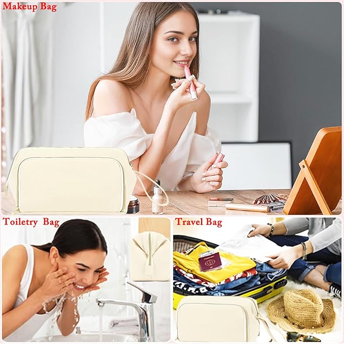 Fammart Travel Makeup Bag, Wide-open Cosmetic Bag Make Up Organizer Case with Brushes Pocket for Women, Large Family Toiletry Bag Skincare Pouch for Toiletries Accessories