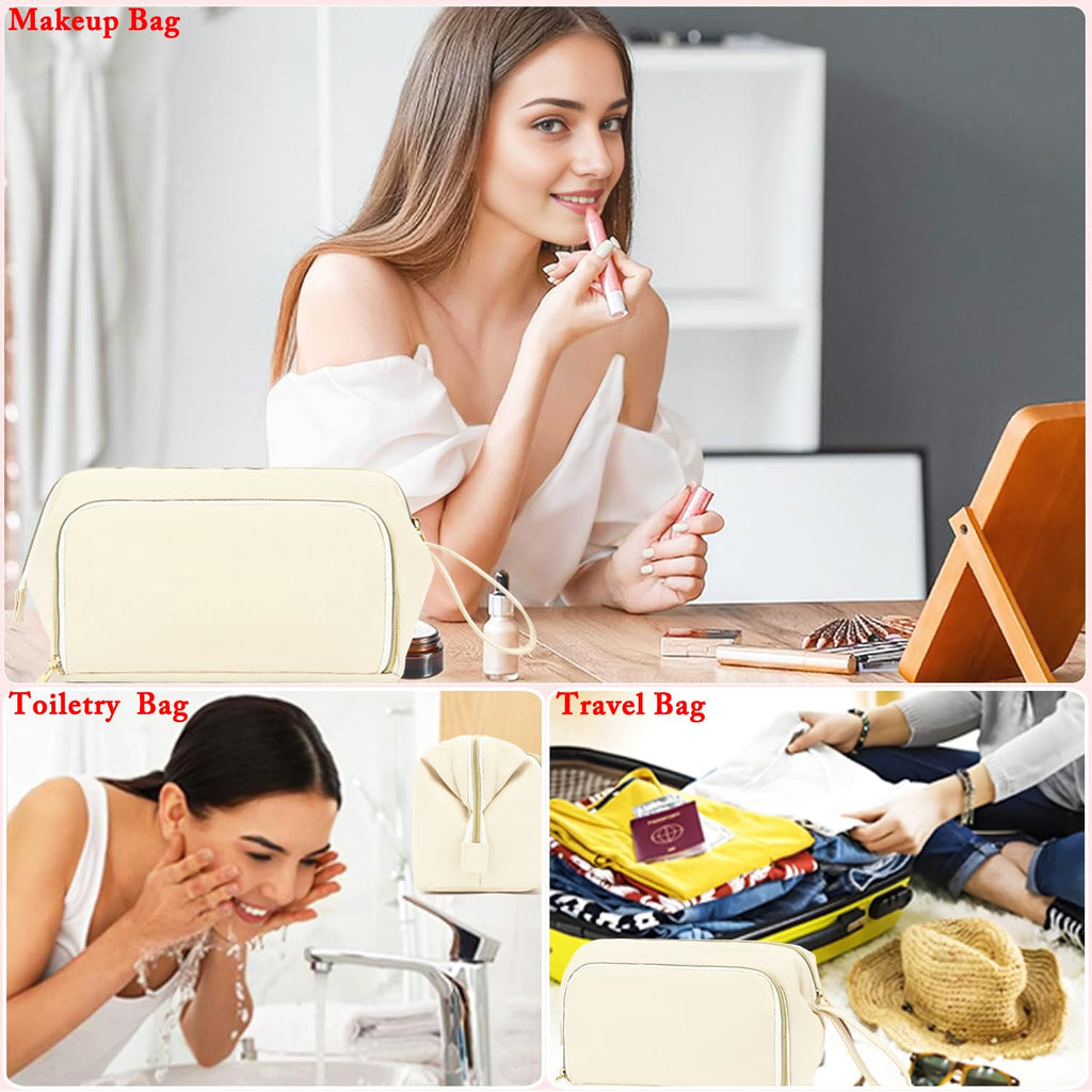 Fammart Travel Makeup Bag, Wide-open Cosmetic Bag Make Up Organizer Case with Brushes Pocket for Women, Large Family Toiletry Bag Skincare Pouch for Toiletries Accessories