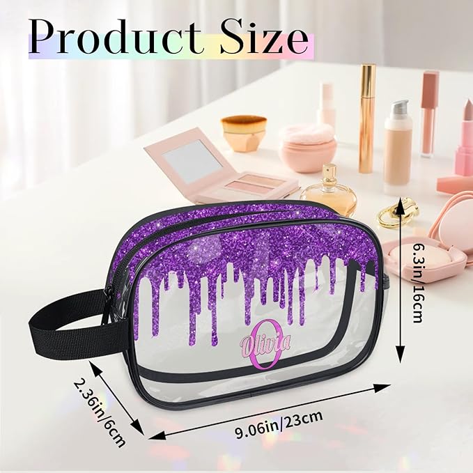 KFNHN Personalized Transparent Makeup Bag with Name, Travel Clear Cosmetic Bag for Women, Friends, Mother's Day, Bridesmaid, Bride, Wedding, Graduation, Deep Purple Sequins Fluid Shape