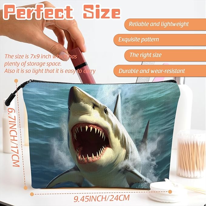 Scribesense Cosmetic Bags Travel Makeup Toilet Case Waterproof Pouch for Women Girls 6.7X9.45inches - Close - Up of A Great White Shark With Open Mouth