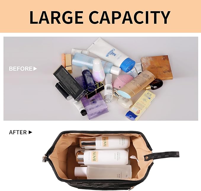 Abiudeng Large Makeup Bag for Women,Travel Makeup Organizer with Brush Holder, Dopp Kit Essentials,Waterproof Checkered Cosmetic Bag for Traveling,Multi Compartment,Cute,Spacious Capacity-Black